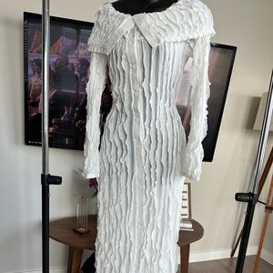 Textured White Button-Down Maxi Dress